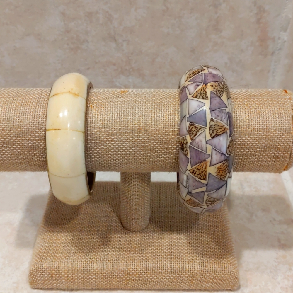 3 for $30 Lot of 2 Bangle Bracelets Enameled Metal and Wood with Mosaic Tiles